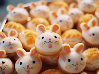 Obraz premium Easter baking background. Happy Easter backdrop card. Easter bread. Festive Easter cake. Tasty Easter cupcakes.