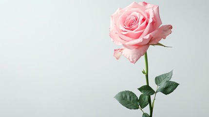 a pink rose flower against a white background, epitomizing the beauty of spring nature with ample empty space for text.
