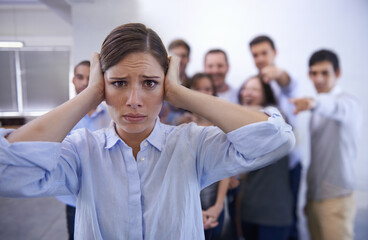 Business, bullying and portrait of woman with stress in office with harassment, prank or hand...