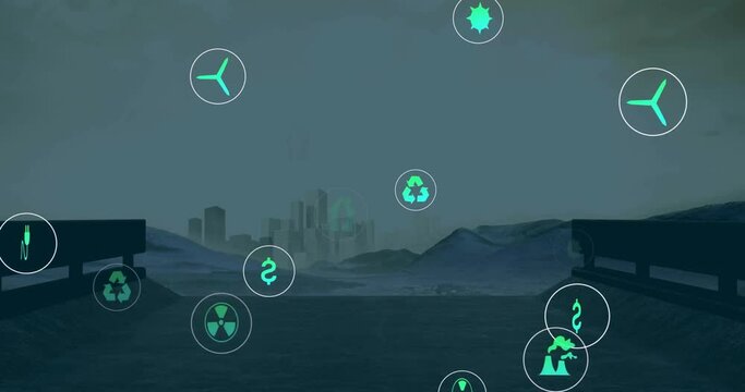 Animation of network of digital eco icons over cityscape