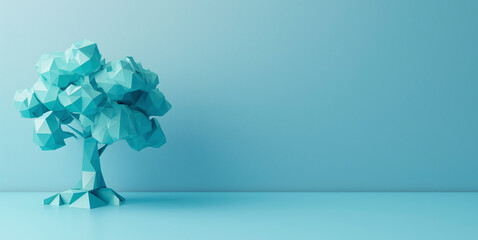 Arbol hecho con papel técnica origami sobre fondo azul - obrazy, fototapety, plakaty