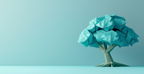 Arbol hecho con papel técnica origami sobre fondo azul