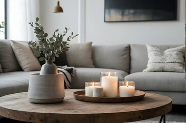 Fototapeta na wymiar modern living room,decoration, hygge and cosiness concept - burning white candles and cotton flower branch on table at cozy home.