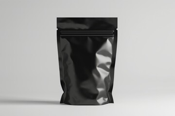 Glossy black doypack packaging bag on a light gray background