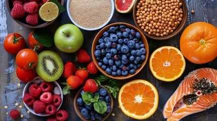 healthy food. Superfoods, various fruits and assorted berries, nuts and seeds.