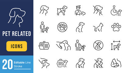 Set of Service Pet Related Vector Line Icons. Contains such Icons as Emotional Support Dog, Restriction Sign, Pet Transportation Pictogram and more. Editable Stroke.