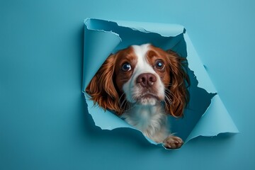 editorial, Capture the curiosity and charm of a spaniel breton in a studio setting, peering through a perfectly crafted hole in the blue background paper. Highlight the dog's - obrazy, fototapety, plakaty