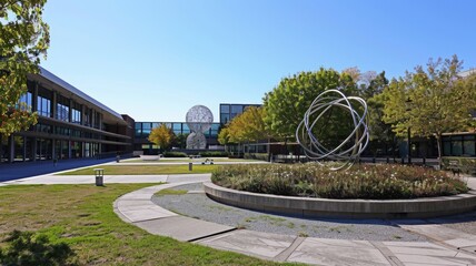 Obraz premium expansive campus of a particle physics laboratory, with outdoor sculptures that mimic atomic structures