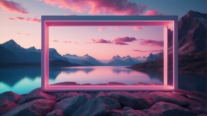 3d render. Aesthetic minimalist wallpaper. Fantastic landscape with rocky mountains, calm water, pink blue evening sky and glowing neon rectangular geometric frame. - obrazy, fototapety, plakaty