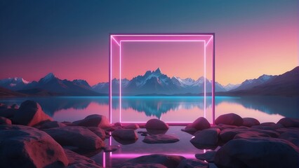 3d render. Aesthetic minimalist wallpaper. Fantastic landscape with rocky mountains, calm water, pink blue evening sky and glowing neon rectangular geometric frame.
