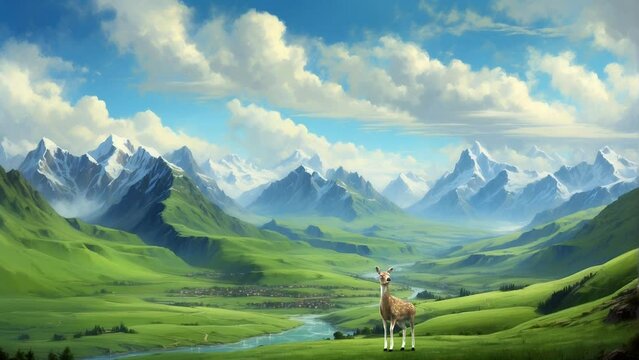Natural scenery of mountains, rivers, deer and flying birds Seamless looping 4k time-lapse