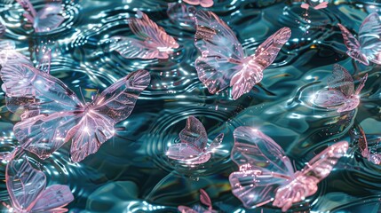 several pink crystal butterflies with transparent wings, reflecting a delicate and sacred appearance as they create ripples on crystal clear, sparkling water, forming a seamless pattern.