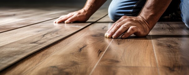 Laying the laminate floor with detail of  worker men's hands, banner job concept. Generative Ai. - obrazy, fototapety, plakaty
