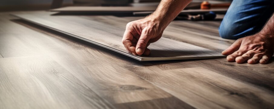 Laying the laminate floor with detail of  worker men's hands, banner job concept. Generative Ai.