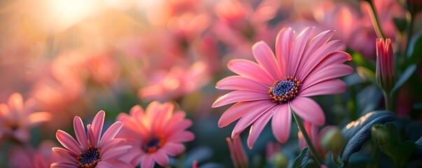 Blooming Pink Daisy in Natural Sunlight: A Picture of Vibrancy in a Garden. Concept Nature, Flowers, Photography, Sunlight, Vibrant