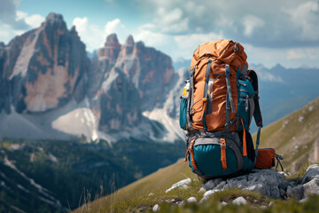 A large, washable hiking backpack standing on a stone with mountains in the background. Mountain landscape with a hiking backpack
 - obrazy, fototapety, plakaty