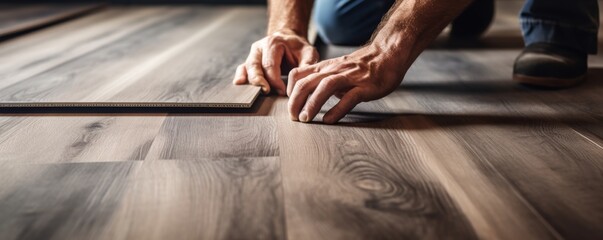 Laying the laminate floor with detail of  worker men's hands, banner job concept. Generative Ai. - obrazy, fototapety, plakaty