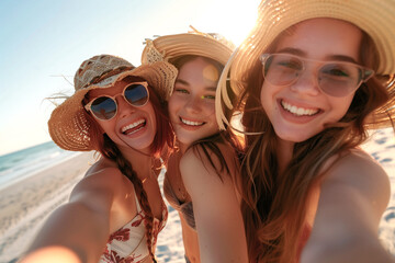 Three girls on vacation are smiling and posing for a selfie, generative ai