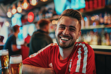Happy soccer fan drinks beer in bar