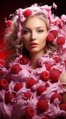 Elegant woman enveloped in pink cream and fresh raspberries