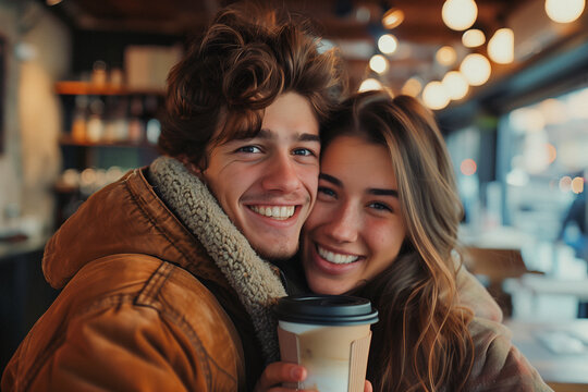 Young couple hugging in winter clothes, generative ai