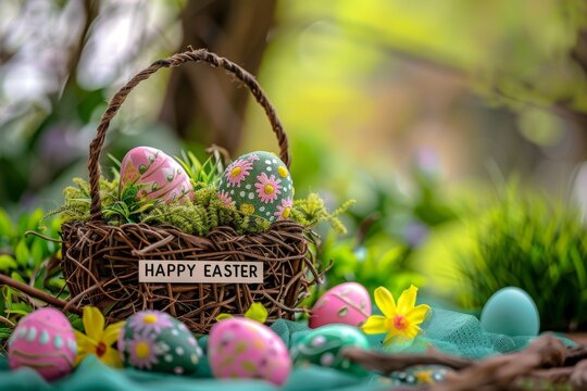 Colorful Easter Egg Basket Gethsemane. Happy easter Generative AI bunny. 3d Resurrection hare rabbit illustration. Cute springtime blessing festive card easter monday festivals copy space wallpaper