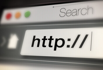 Closeup, web and url of search bar on computer screen for information, worldwide surfing and server. Homepage, html and webpage address for browsing, research download and online portal on internet - obrazy, fototapety, plakaty