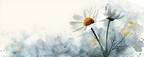 Chamomile Blossom: Delicate Watercolor Daisy Artistry on White Background. Concept Botanical Art, Watercolor Painting, Daisy Flowers, Floral Illustration, White Background