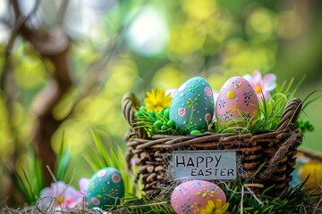 Colorful Easter Egg Basket easter egg hunt safety. Happy easter Pastel sky blue bunny. 3d Handmade note hare rabbit illustration. Cute bedtime story festive card easter sunday copy space wallpaper