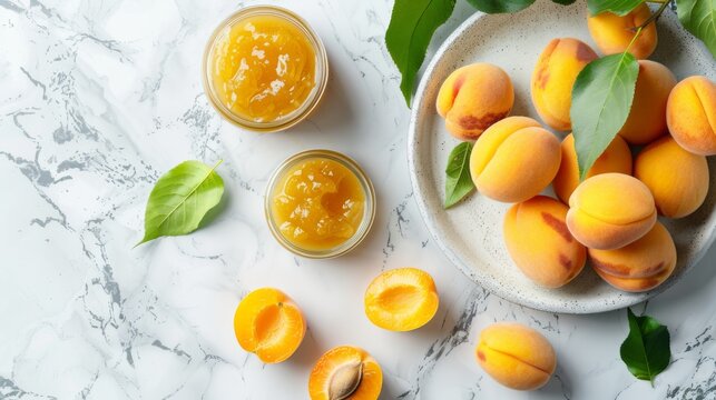 Fresh ripe apricots on a white plate, top view, healthy summer fruit