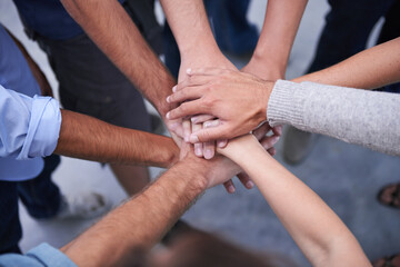Teamwork, hands and business people with top view of collaboration, partnership or cooperation....