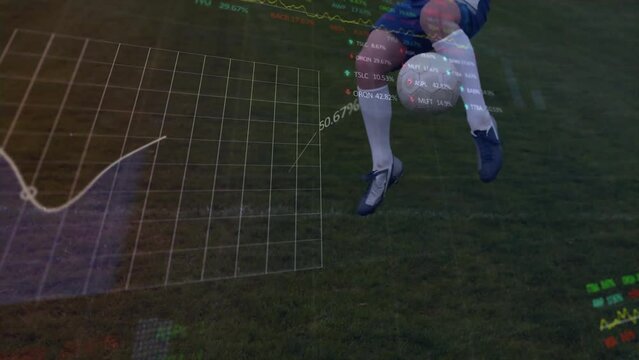 Animation of financial data processing over caucasian football player with ball