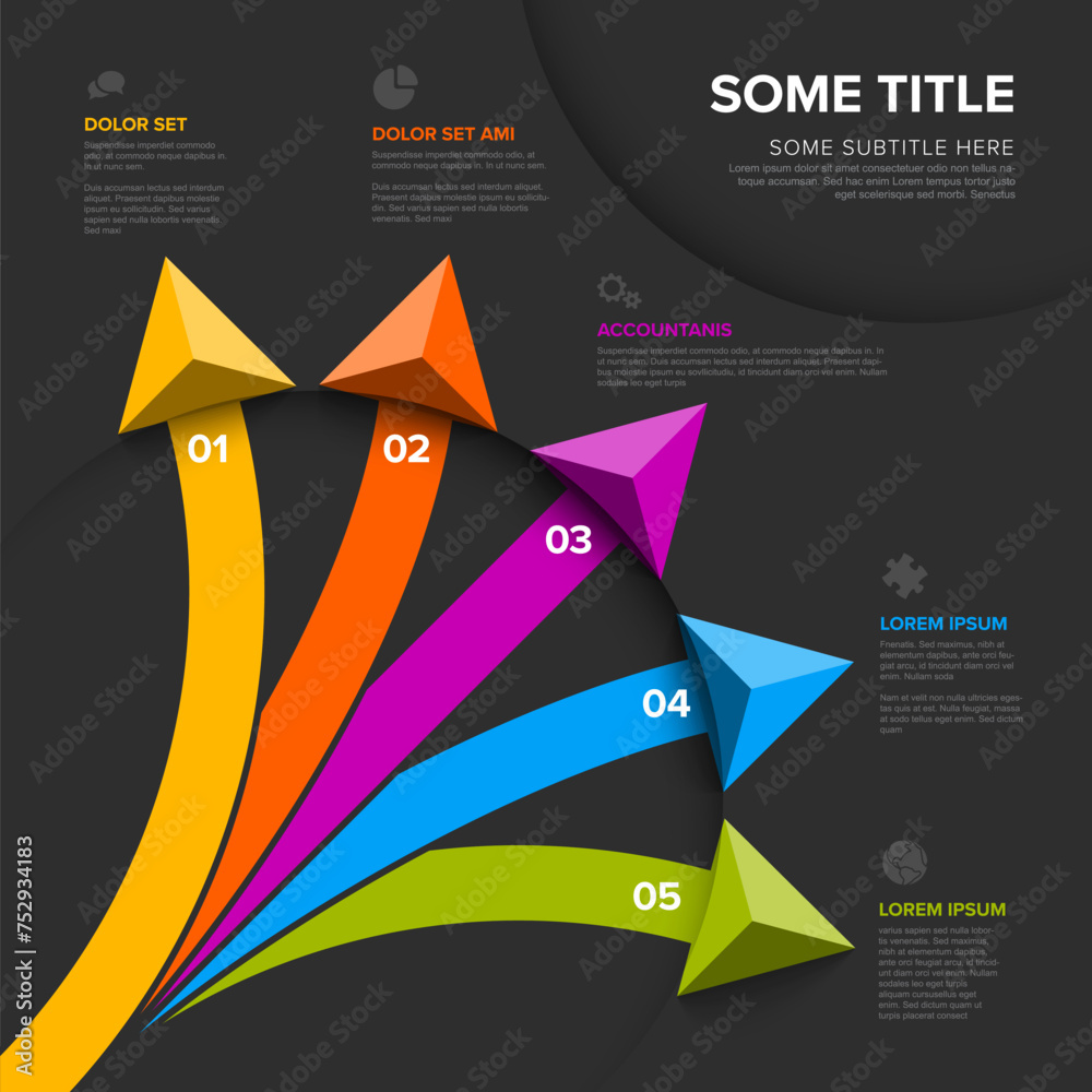 Poster simple dark diagonal infographic with title and five arrows pointing on element option items