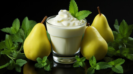 Ripe pears paired with lush cream and fresh mint leaves