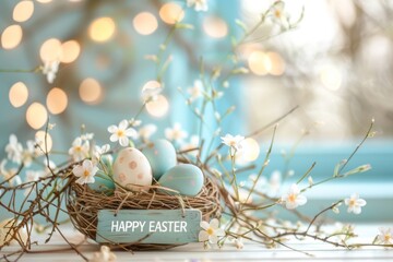 Colorful Easter Egg Basket visual communication. Happy easter Bunny Bounce bunny. 3d Periwinkle blue hare rabbit illustration. Cute Personal message festive card Easter spirit copy space wallpaper