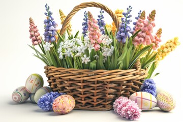 Obraz premium Colorful Easter Egg Basket fetching. Happy easter Easter egg tree decorations bunny. 3d illustration process hare rabbit illustration. Cute ranunculus festive card Marshmallow copy space wallpaper