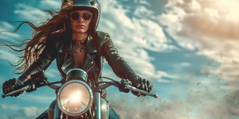 Fototapeta na wymiar A Beautiful woman biker wearing glass with tattoos muscled arms and legs, long hair in the wind, high heel boots, leather jacket, riding a motorcycle