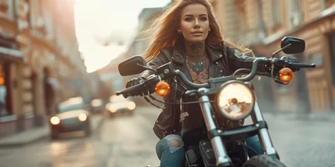Photo sur Plexiglas Moto A Beautiful woman biker wearing glass with tattoos muscled arms and legs, long hair in the wind, high heel boots, leather jacket, riding a motorcycle