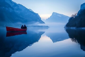middle aged couple sitting  in boat at mountain lake on the morning