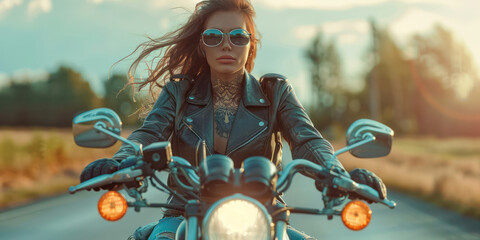 Plakat A Beautiful woman biker wearing glass with tattoos muscled arms and legs, long hair in the wind, high heel boots, leather jacket, riding a motorcycle