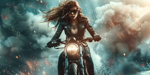 Fototapeta na wymiar A Beautiful woman biker wearing glass with tattoos muscled arms and legs, long hair in the wind, high heel boots, leather jacket, riding a motorcycle