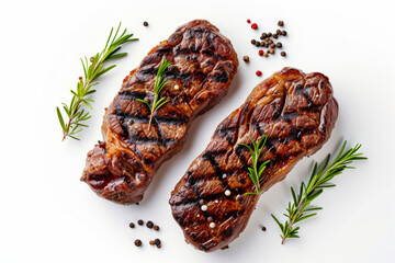 Two grilled rib eye steaks with green rosemary and peppercorns elements isolated on white background, top view
 - obrazy, fototapety, plakaty
