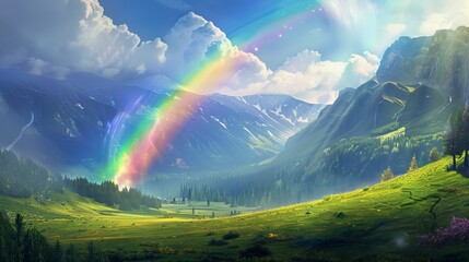 Rainbow touching down in serene mountain valley. Majestic mountains cradle a lush green landscape under a radiant rainbow. Idyllic valley with a stunning rainbow in a mountainous setting.