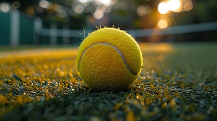Sunset game on an artificial grass tennis court with a vibrant ball. Evening tennis matches highlighted by the golden hour light. Warmth of the setting sun on a peaceful tennis court. - obrazy, fototapety, plakaty