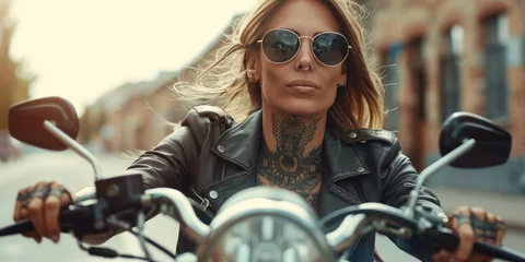 Gartenposter A Beautiful woman biker wearing glass with tattoos muscled arms and legs, long hair in the wind, high heel boots, leather jacket, riding a motorcycle © Attasit