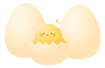 卵から頭を出す黄色いひよことシンプルな卵のセット © ななか