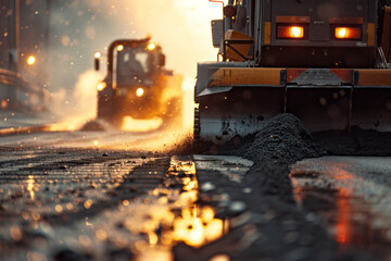 Asphalt paving machines lay asphalt in the city with sunset rays in the background, selective focus with space for text
 - obrazy, fototapety, plakaty