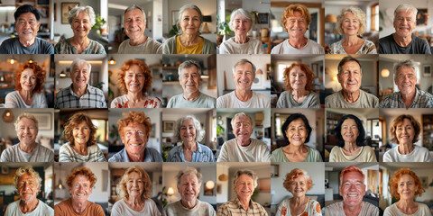 A collage of joyful senior individuals in a cozy indoor setting. - obrazy, fototapety, plakaty