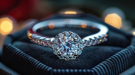Silver diamond ring. Jewelry. Product shoot, macro shot, silver ring with diamond in jewel, gift box..	