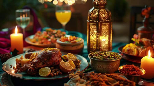 Ramadan decoration moment, variety of food during Iftar animation looping video 4k	